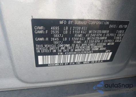 2018 Subaru Outback 2.5I Limited z USA, uszkodzony, nr VIN 4S4BSAKC5J3365401